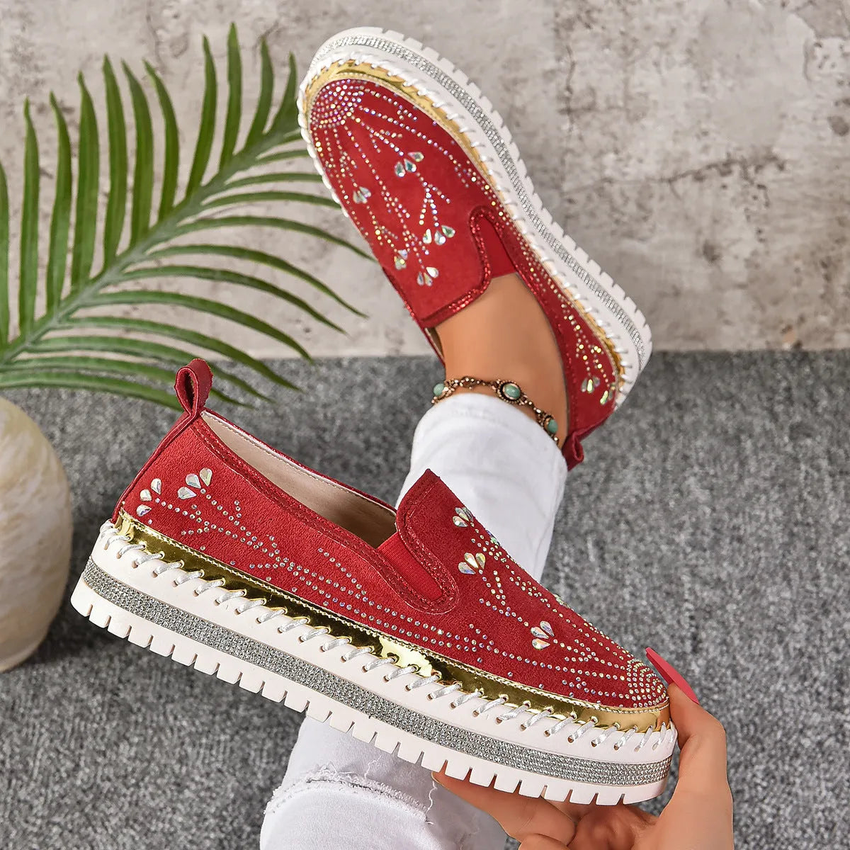 Casual slip-on sneakers with rhinestone platform thick bottom suede upper round toe mid heel