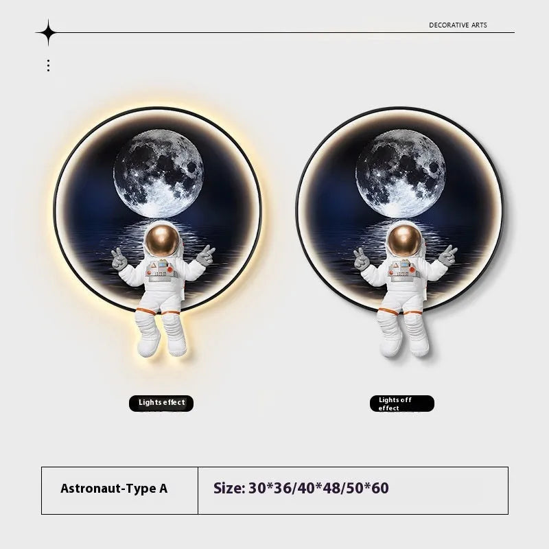 Children's astronaut-themed canvas wall painting with optional integrated USB LED light strip in a modern frameless design.