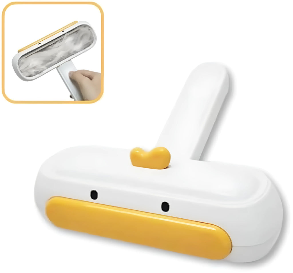 Yellow duck design reusable pet hair remover roller with plastic body and bristles.