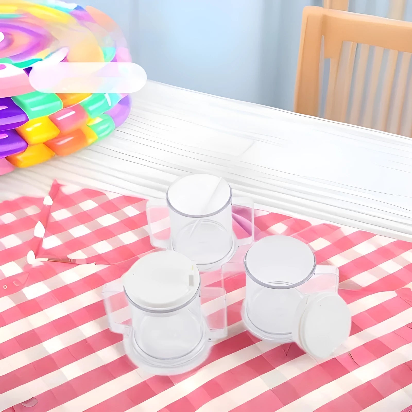 Transparent plastic drinking cup with spill-proof lid on a plain background.