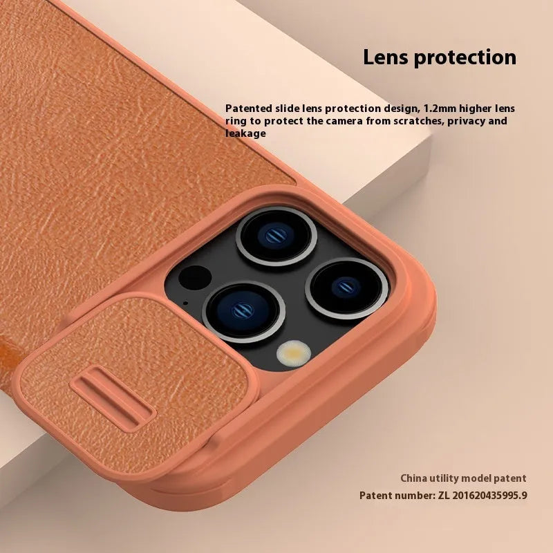 iPhone 15 imitation leather flip case shown in black, brown, and red colour options.