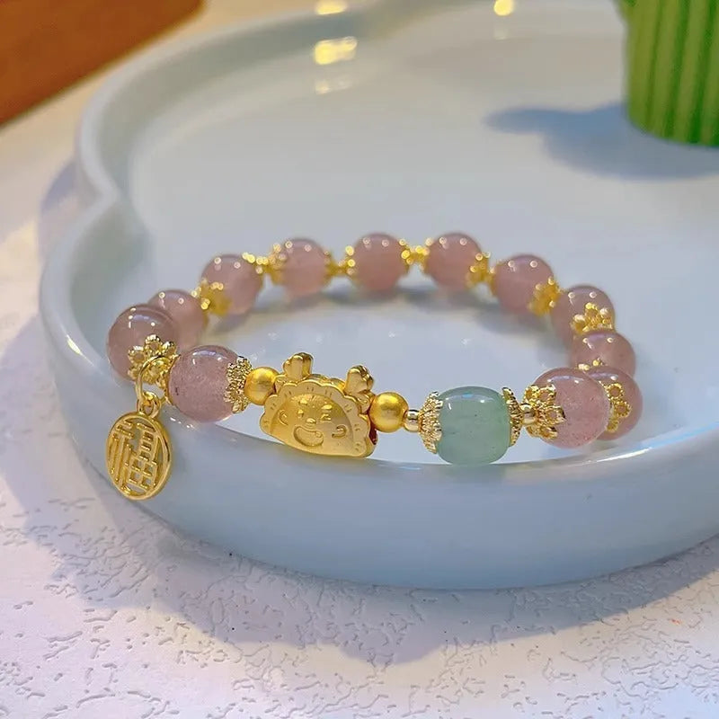 Women's floral glazed bracelet with electroplated animal zodiac design in red bead, pink beads, and white pearl colour options
