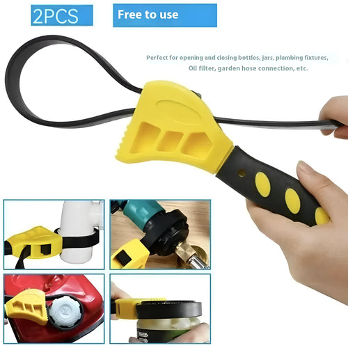 6-inch and 8-inch black adjustable rubber strap wrench for filter removal and plumbing on a workbench.