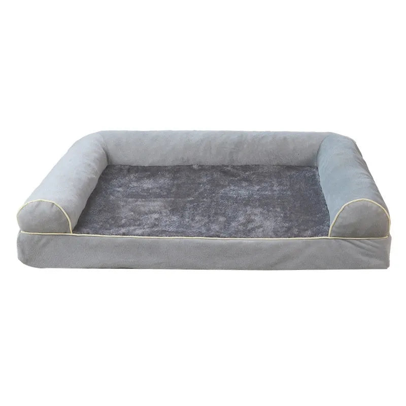 A square breathable sponge dog bed in a crate, available in blue, grey, and beige colours.