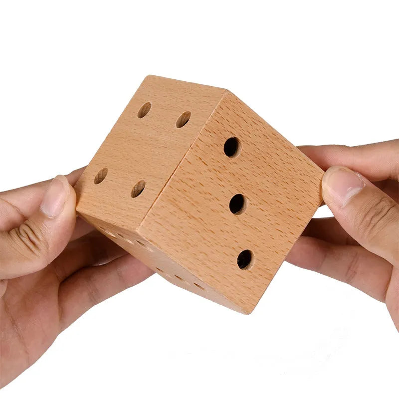 Dice maze wooden educational toy, 8.2cm cube ball labyrinth on white background