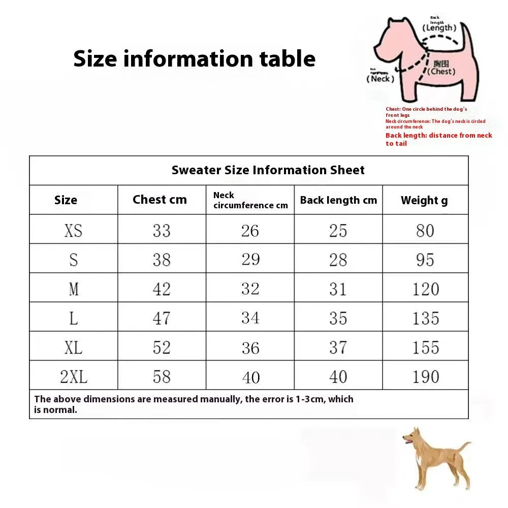 A thick wool dog sweater shown in a choice of monochrome or two-tone colours, sized from XS to XXL.