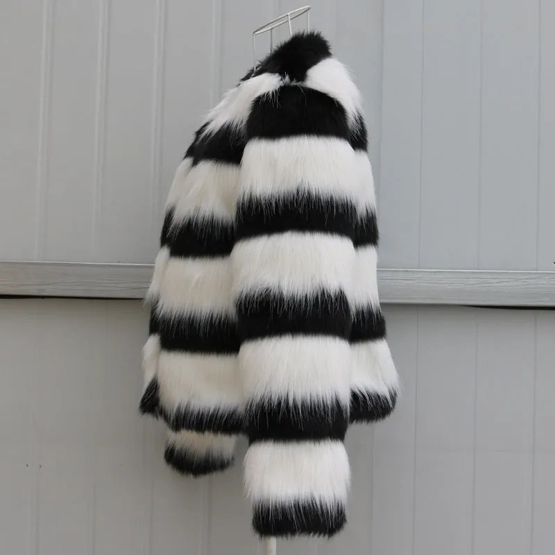 Women's black and white striped artificial fur leather jacket with regular sleeves