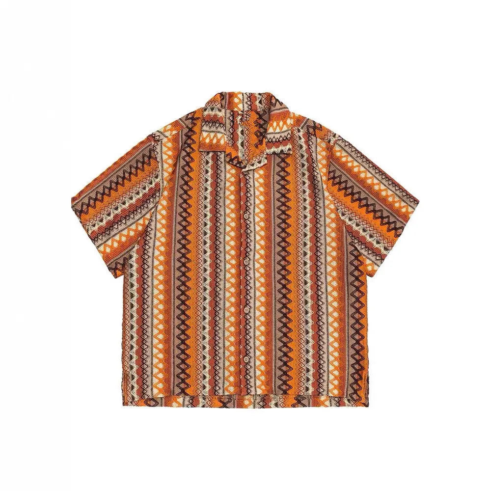 Loose fit ethnic style shirt with Cuban collar and contrast colour, featuring short drop-shoulder sleeves.