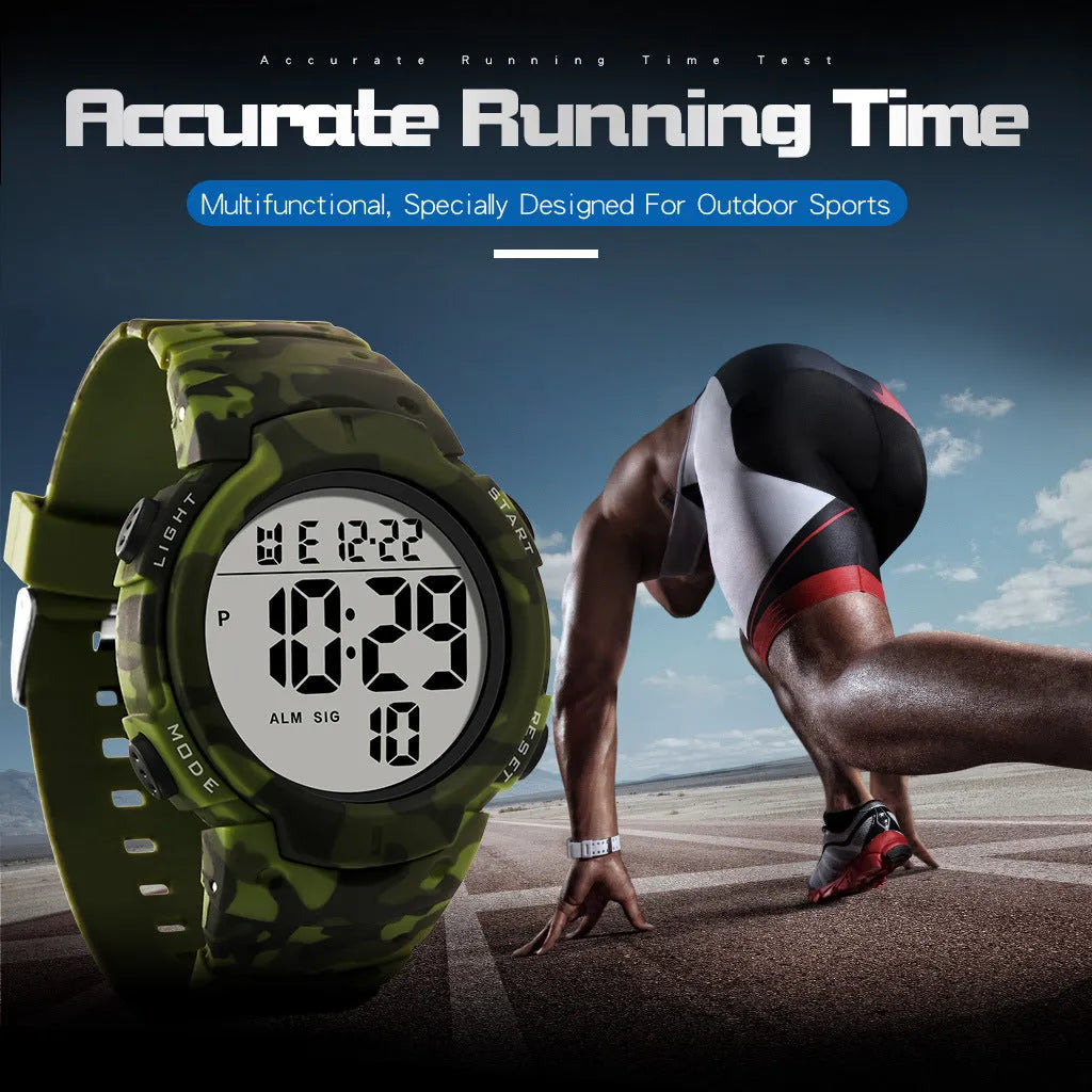 Waterproof male student sports electronic watch with 47.42mm digital dial, plastic band, and stainless steel buckle