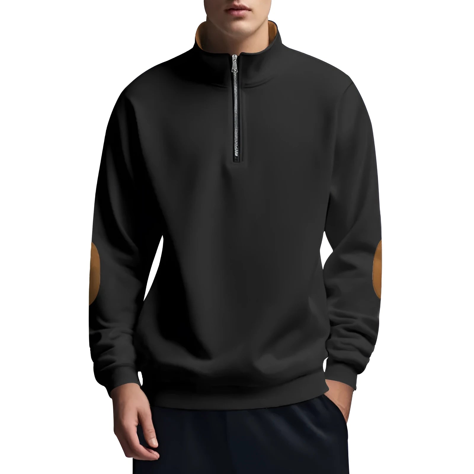 Men's black thick turtleneck half placket zipper pullover sweater on white background