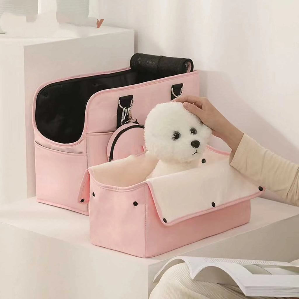 Korean summer portable dog bag in pink nylon solid colour for small pets