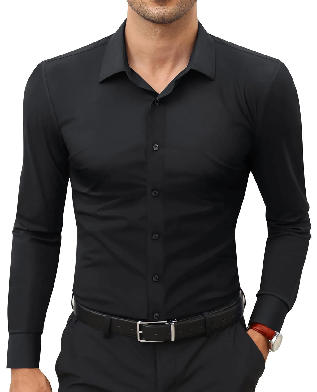 Men's long sleeve full elastic force shirt in solid colour, cardigan style, polyester fabric