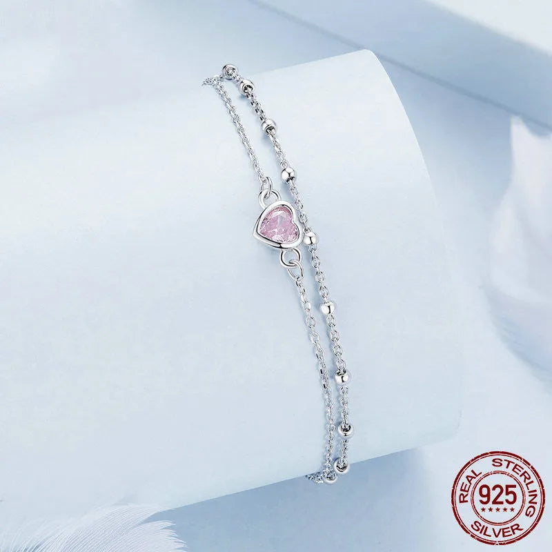 Women's sweet style 925 sterling silver bracelet with heart-shaped pendant on adjustable chain