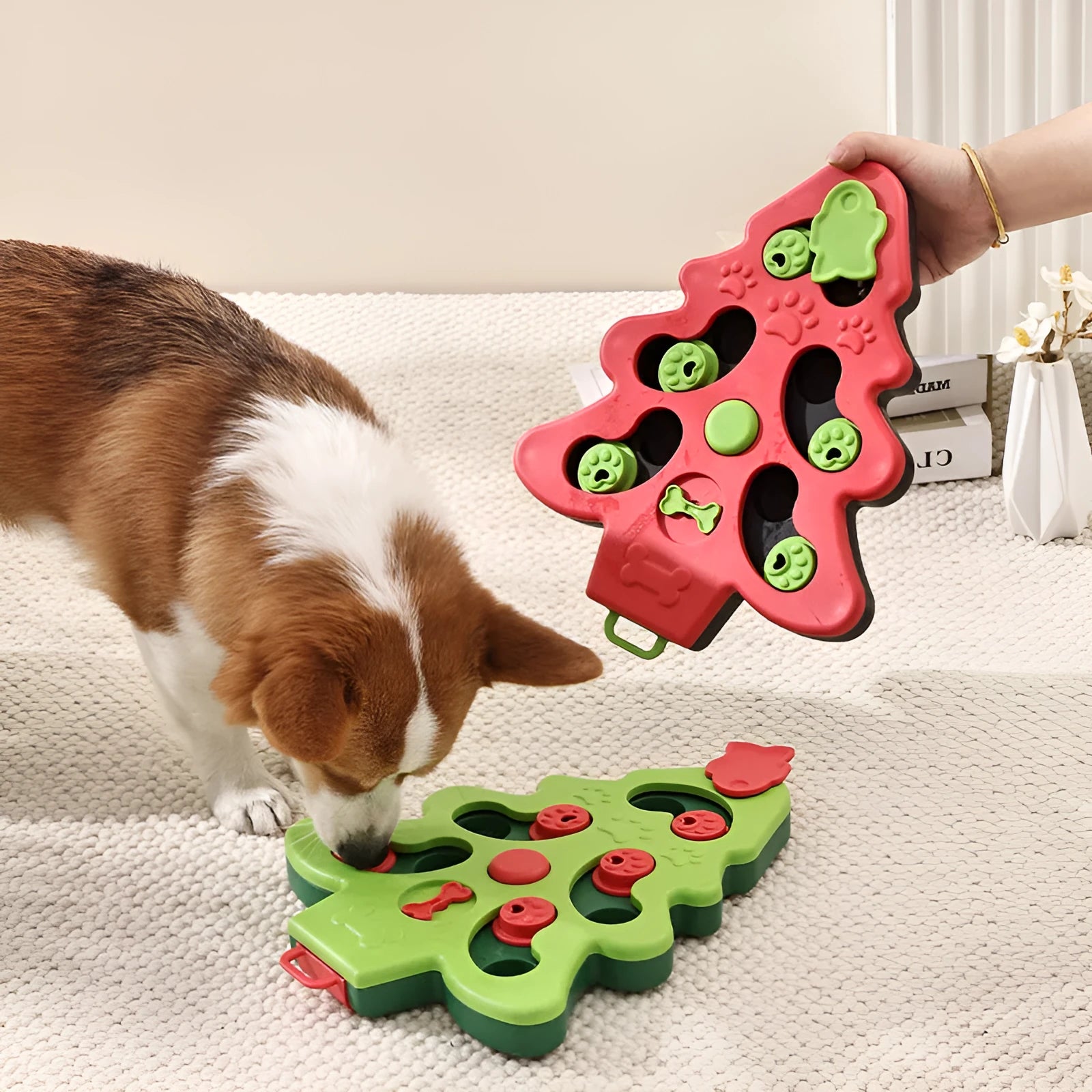 Interactive dog puzzle toy Christmas tree slow food bowl in green with non-slip base