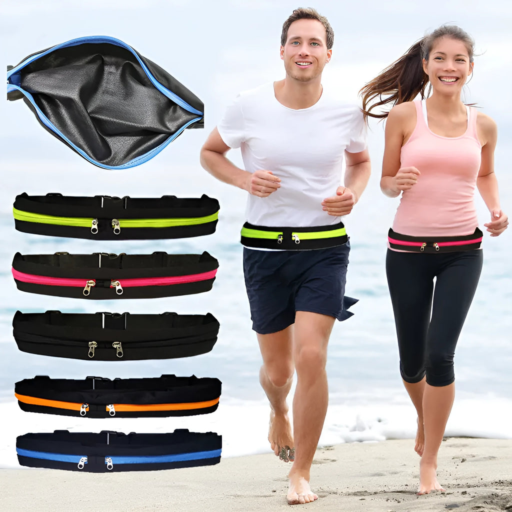 Unisex polyester sports waist bag with double pocket and slim zip, in black, green, blue, rose or orange