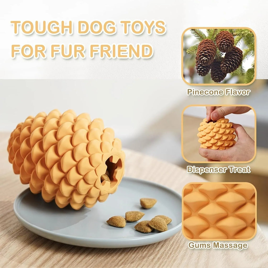 Yellow pine cone shaped natural rubber dog chew toy with treat dispenser hole