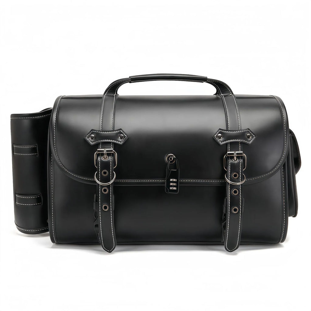 Single dark punk motorcycle side bag with a coded lock on a black background.