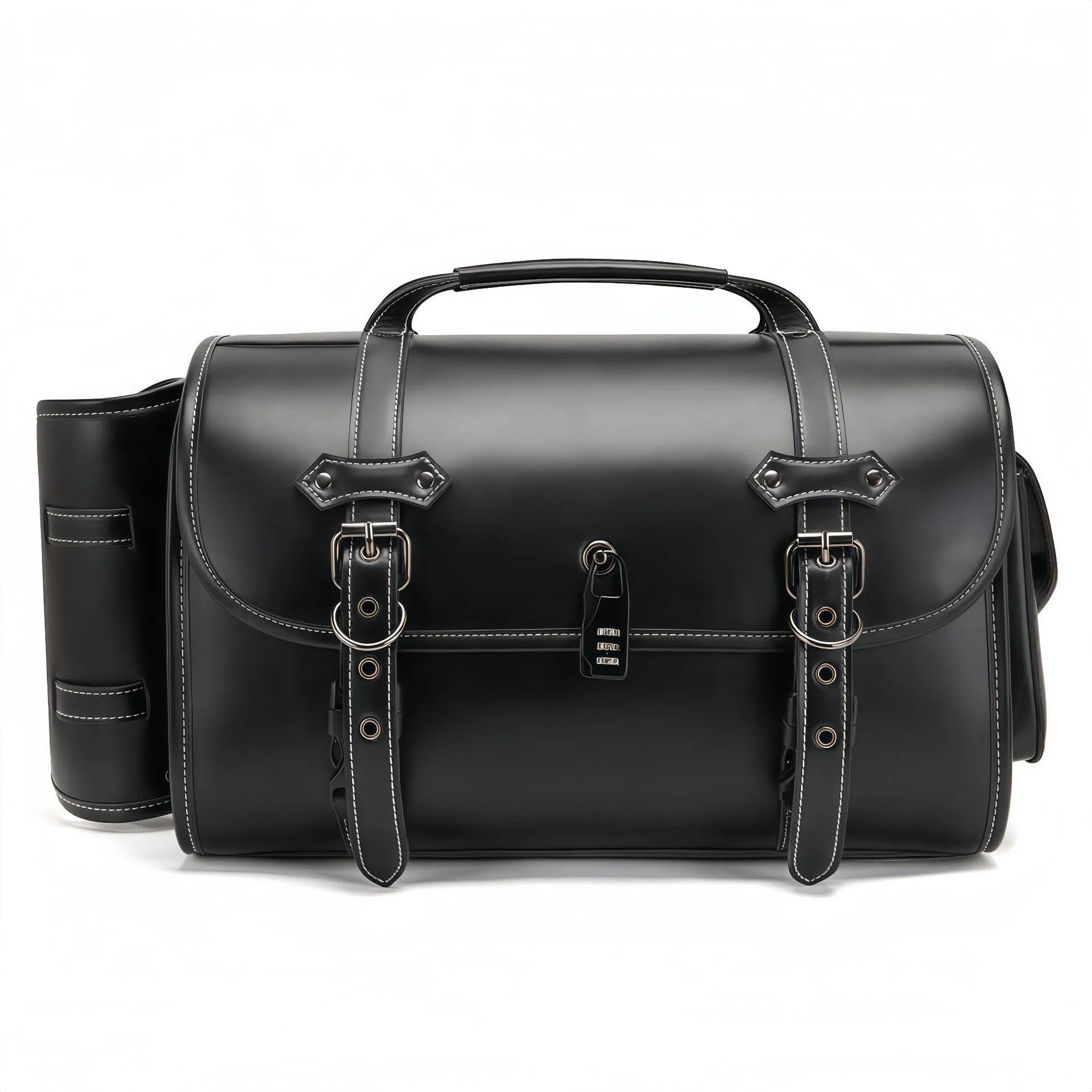 Single dark punk motorcycle side bag with a coded lock on a black background.