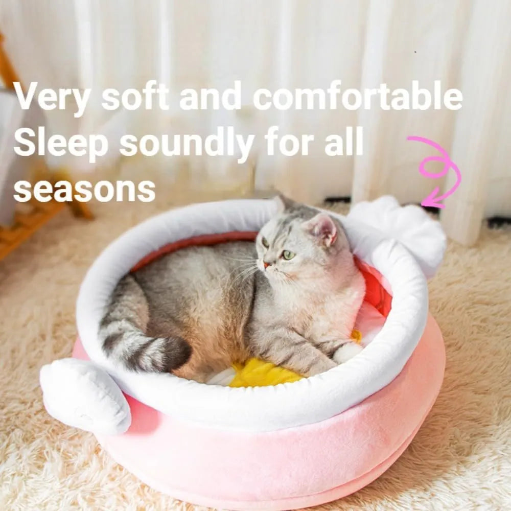 Pink honey pot-shaped soft cat bed with a removable plush pad, for small cats and dogs.