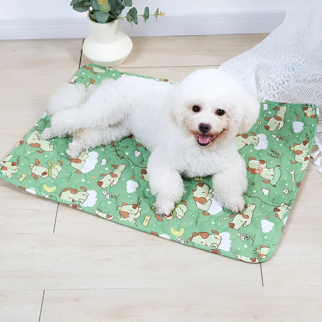 Reusable waterproof pet training pad showing animal print design options and size variations