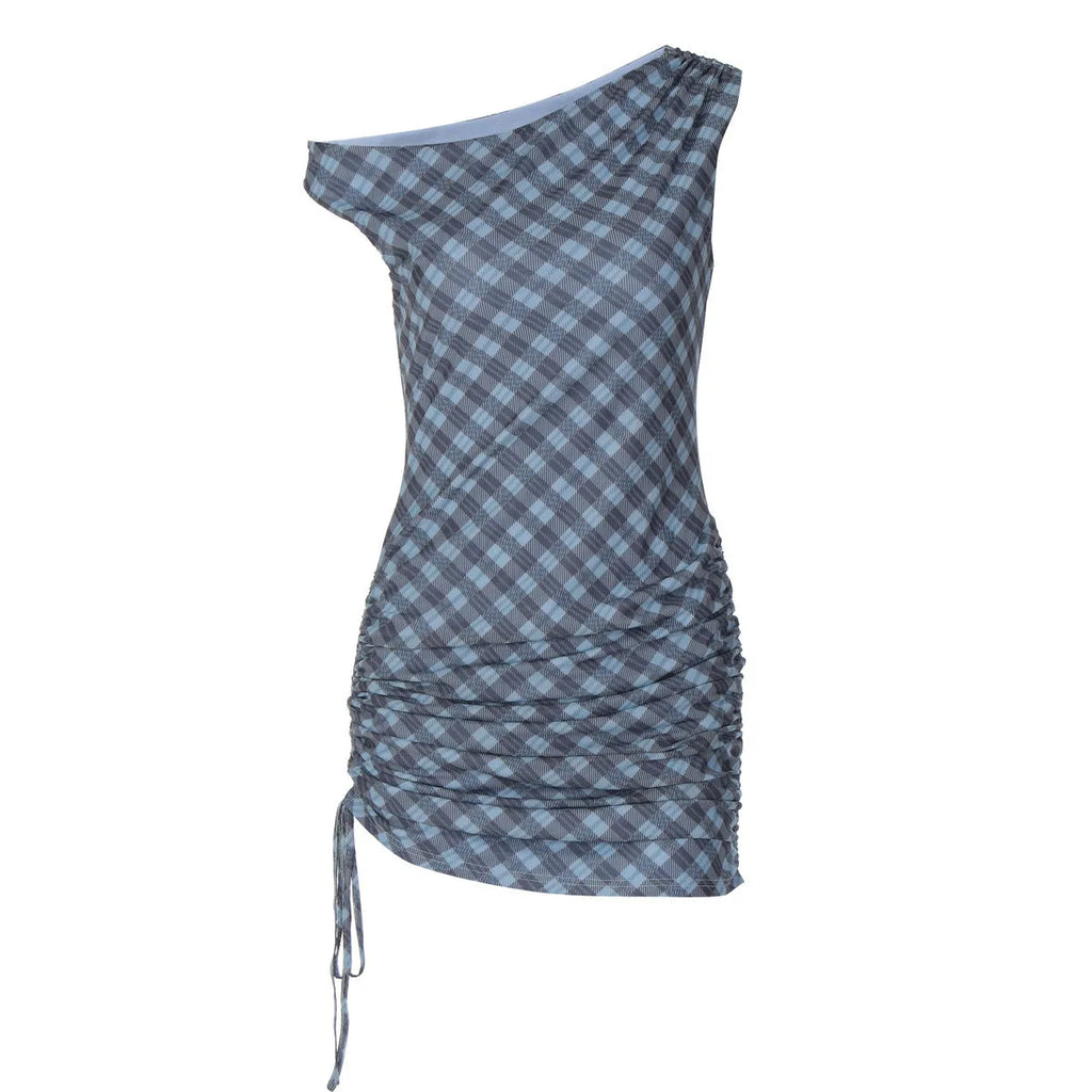 Blue off-shoulder sleeveless polyester dress for women, sizes S M L, party and casual wear