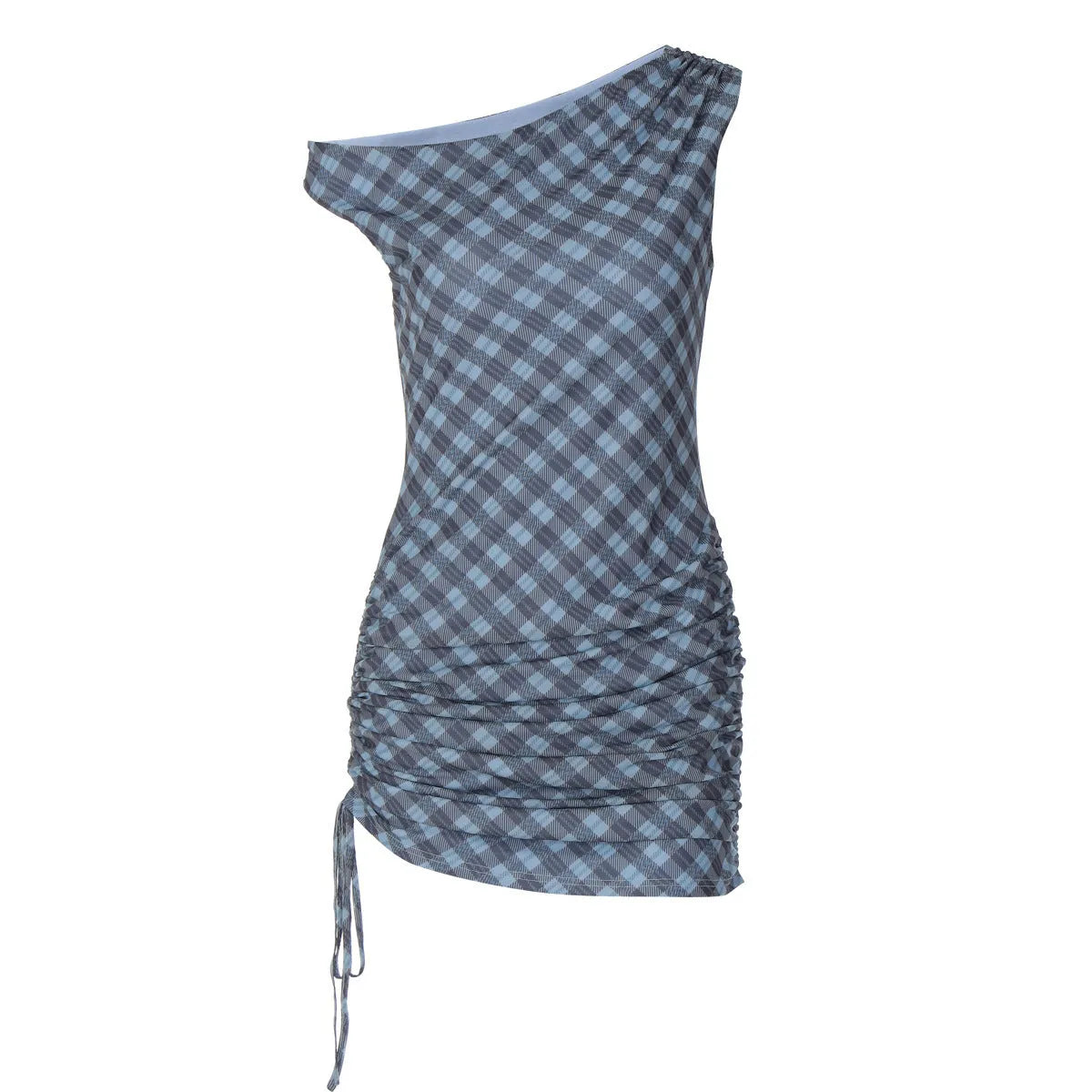 Blue off-shoulder sleeveless polyester dress for women, sizes S M L, party and casual wear