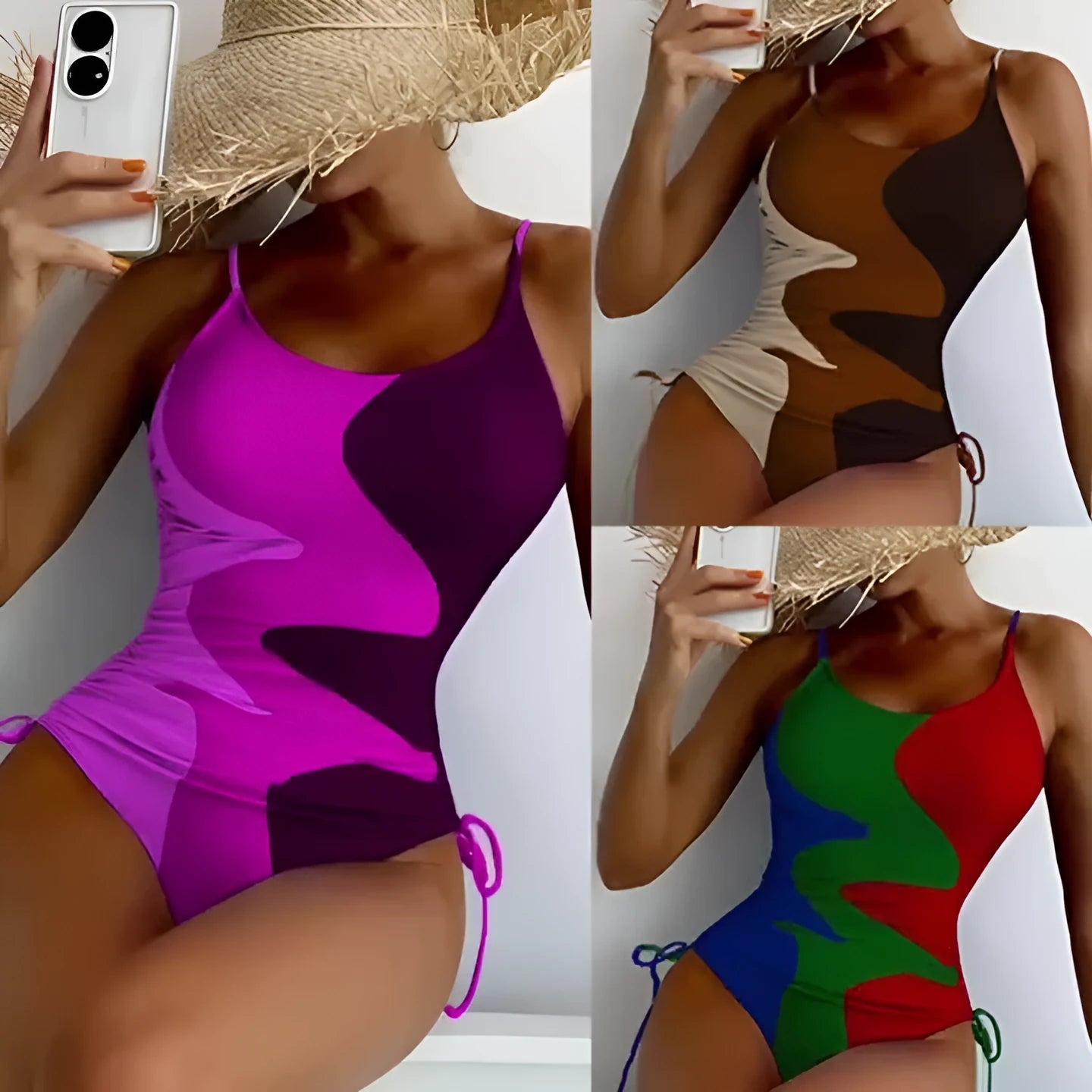 Women's sleeveless backless one-piece swimsuit in blue, purple, brown, or green.