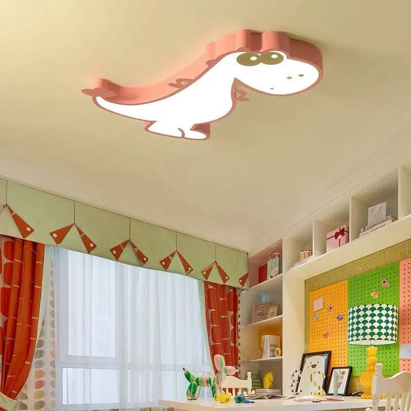 Green cartoon dinosaur ceiling light with aluminium body and PVC shade showing dimming feature