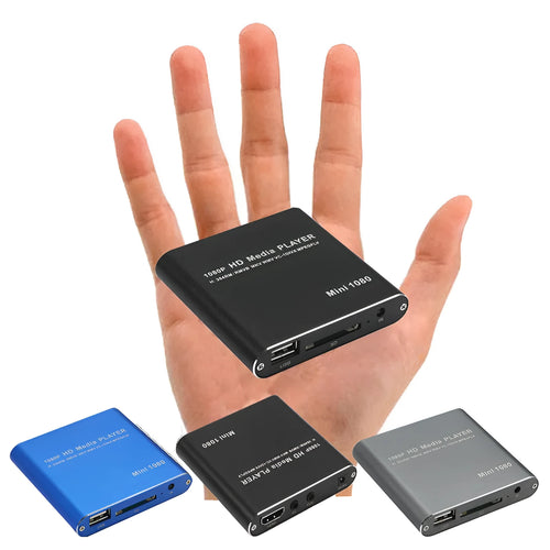 Compact blue or black all-metal 1080P media player with USB, SD card and HDMI ports