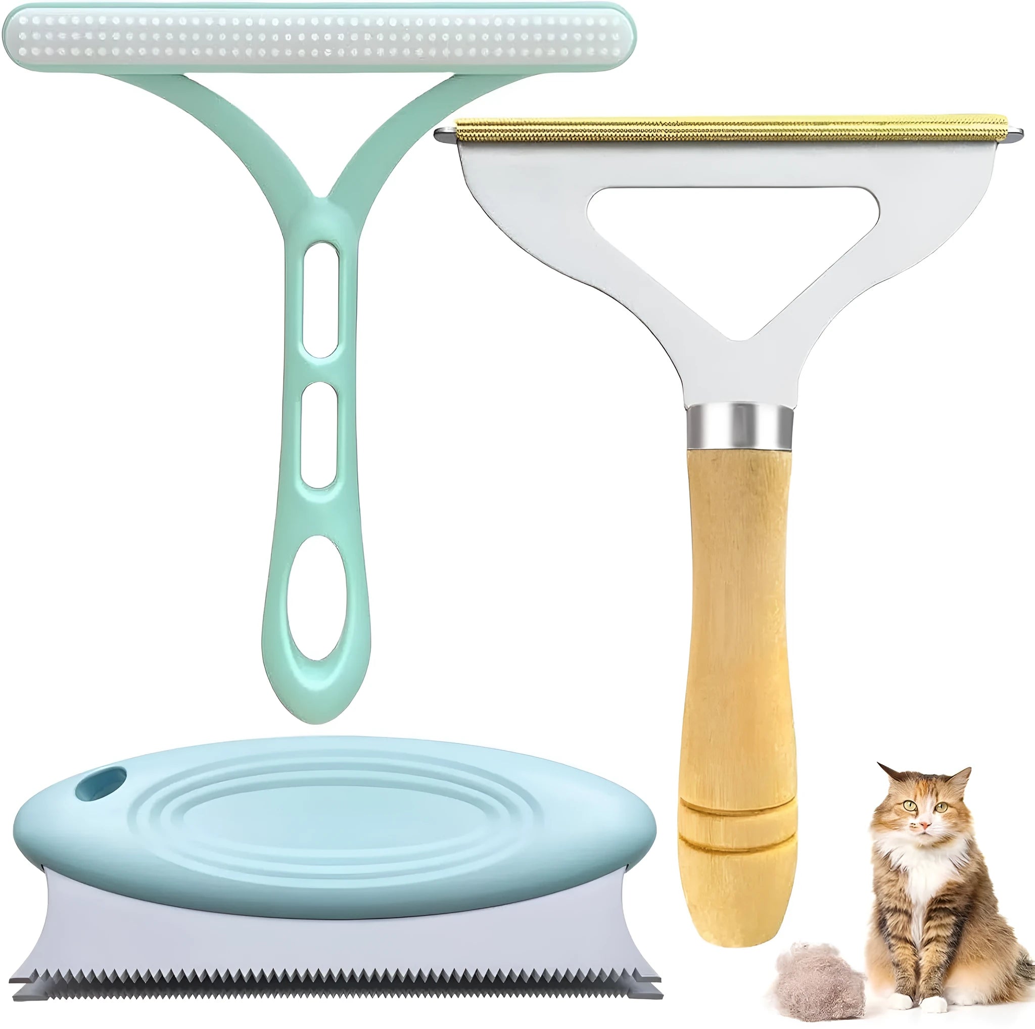 Green 3-piece pet hair remover set showing metal lint tool, silicone brush, and round cleaner for sofas and cars.