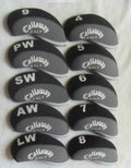 Set of 10 golf iron sleeves in diving material, showing yellow, SIM, and Carla W colour options
