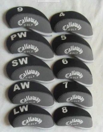 Set of 10 golf iron sleeves in diving material, showing yellow, SIM, and Carla W colour options