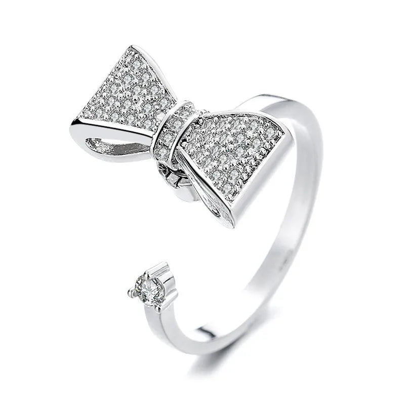 Gold adjustable spinner ring for women with flower bee design, copper alloy, zircon inlay, rotating band