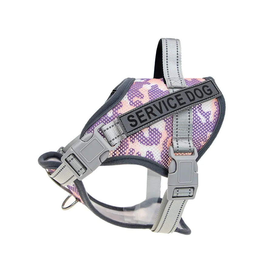 Colourful reflective dog harness with anti-strangulation design in camouflage patterns