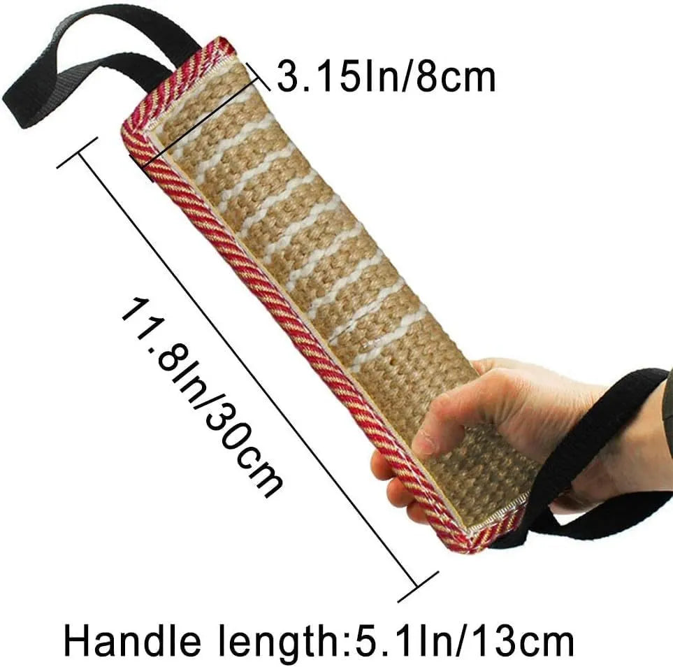 Beige and pink jute dog tug toy with two handles for tug-of-war training