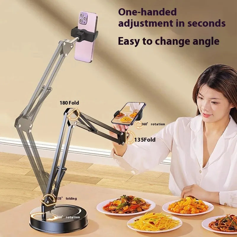 Desktop adjustable mobile live streaming photography stand with cantilever arm in silver and black ABS metal finish