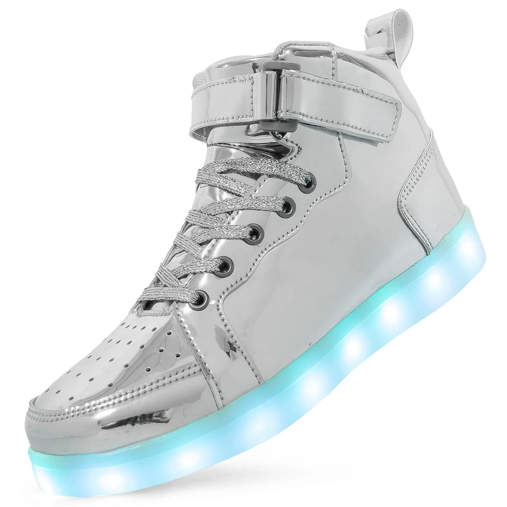Unisex black high-top LED light-up shoes with velcro straps and glowing soles.