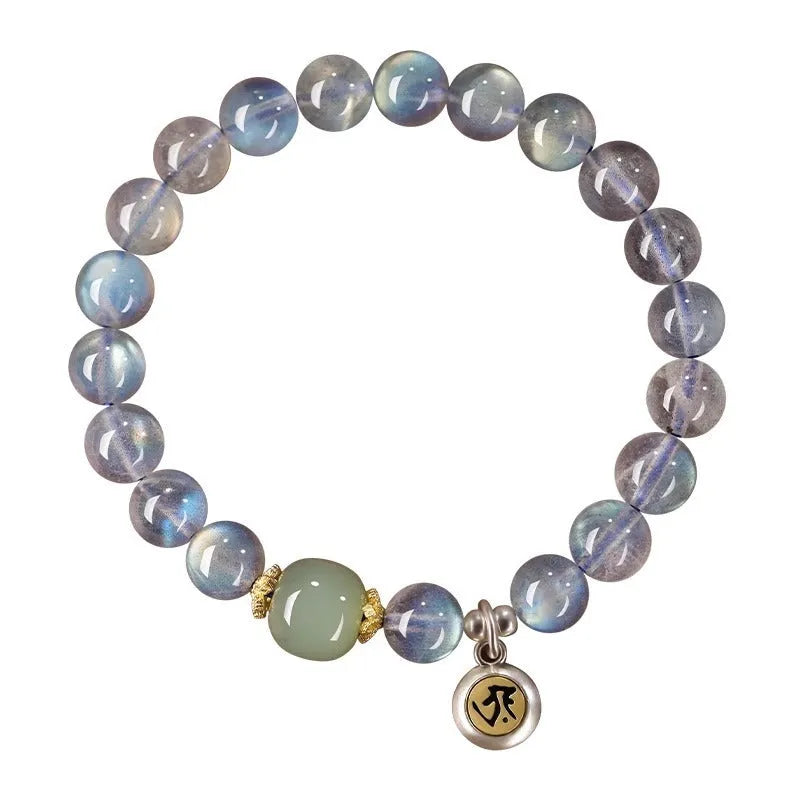 Moonstone women's bracelet with 8mm beads showing Thousand-Hand Guanyin Mouse zodiac design