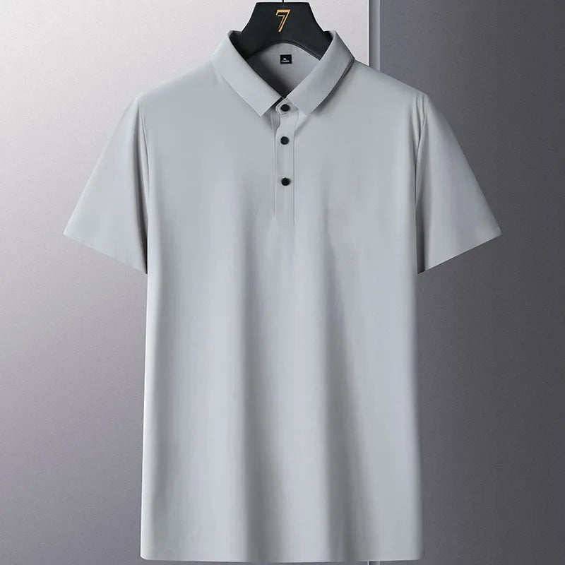 Men's non-iron short sleeve business casual shirt in navy blue on a hanger.