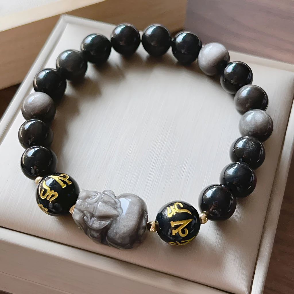 Natural silver stone bracelet for men with engraved zodiac symbols and beaded design