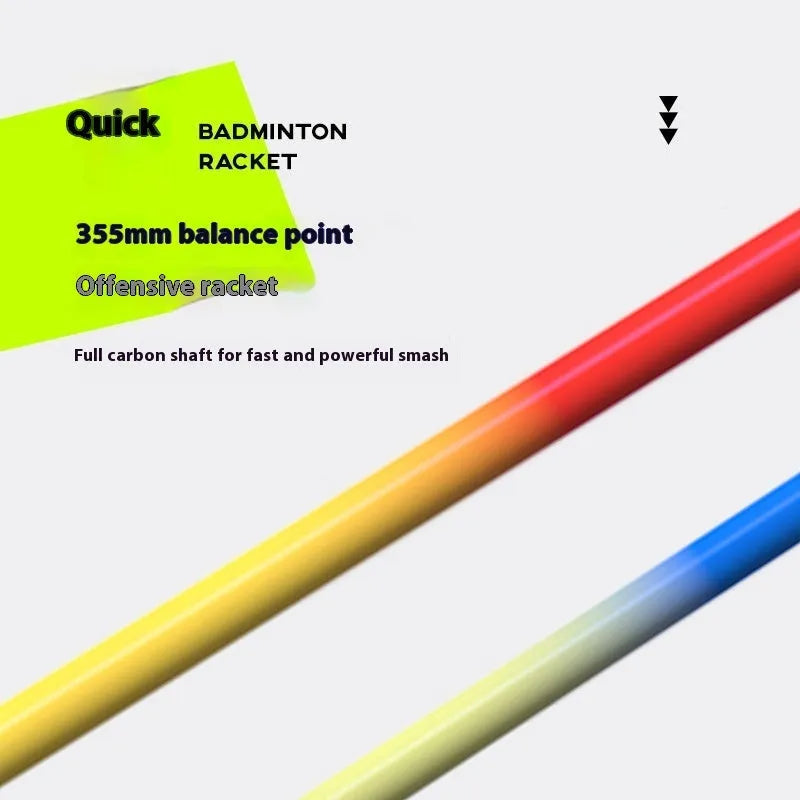 A pair of ultra-light alloy badminton rackets, one blue and one red, laid side by side.