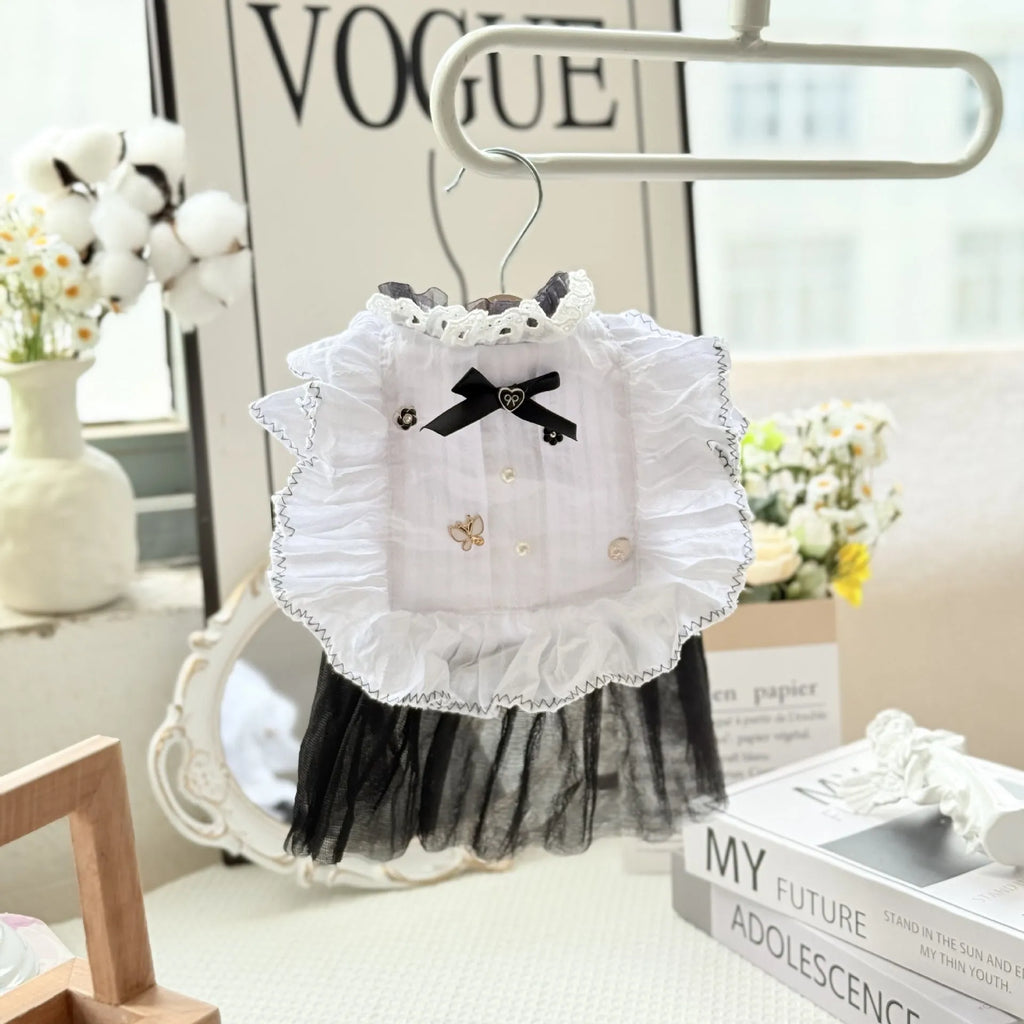 White polyester gauze princess-style skirt on a small dog, showing flowing design and fit.