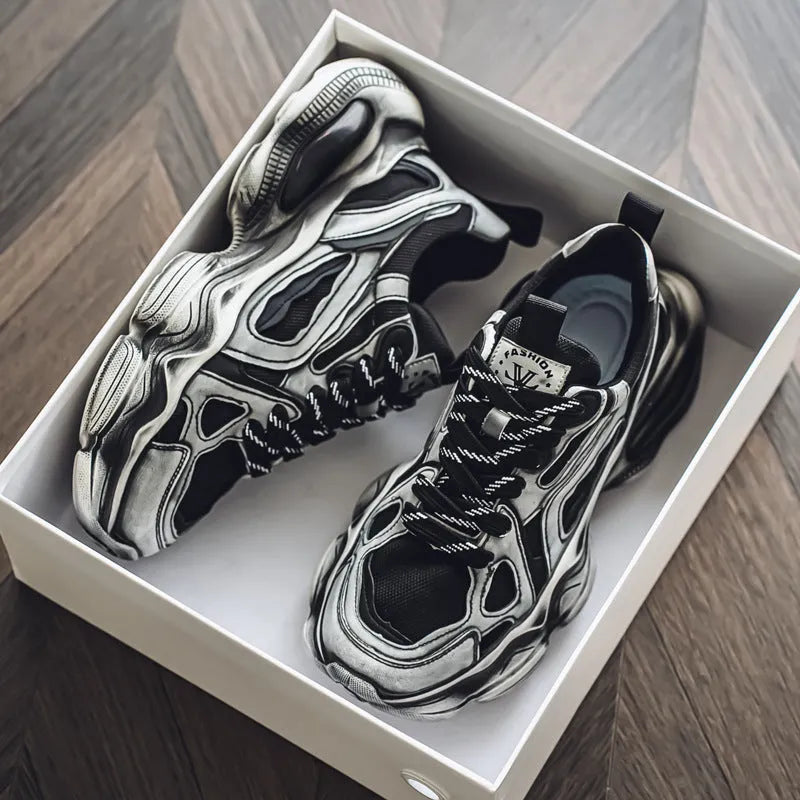 Men's black mesh platform sneaker with a rubber sole and lace-up front, shown on a white background.