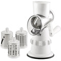 White plastic manual vegetable slicer with rotating drum and suction feet