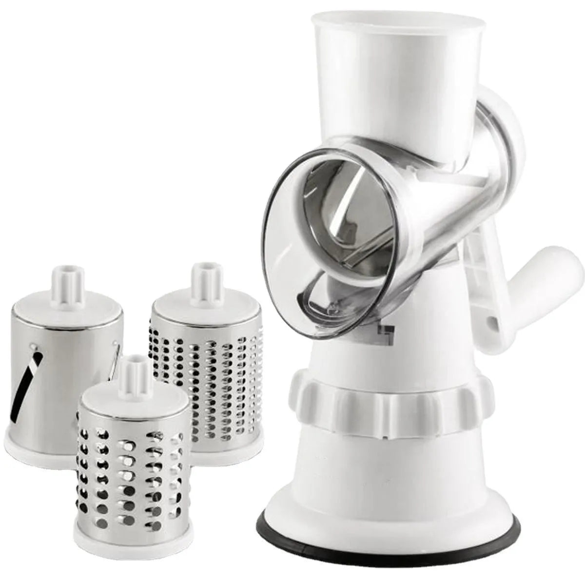 White plastic manual vegetable slicer with rotating drum and suction feet