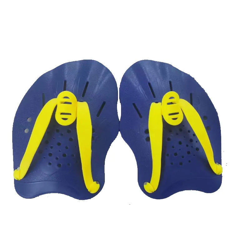 Pair of black plastic webbed swimming training paddles for freestyle stroke technique and strength development