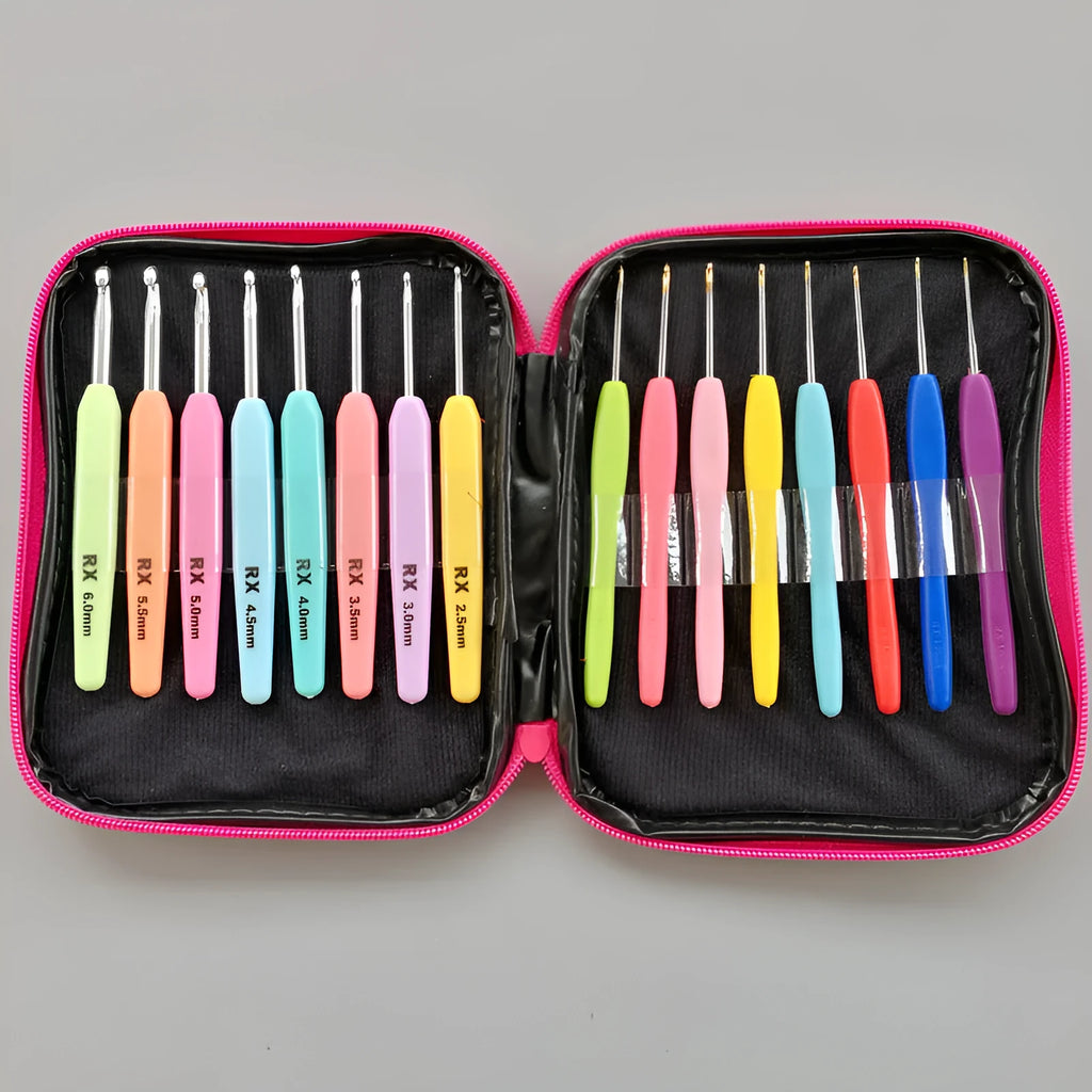 Set of 16 coloured crochet hooks with two handle types laid next to a grey PU fabric storage bag.