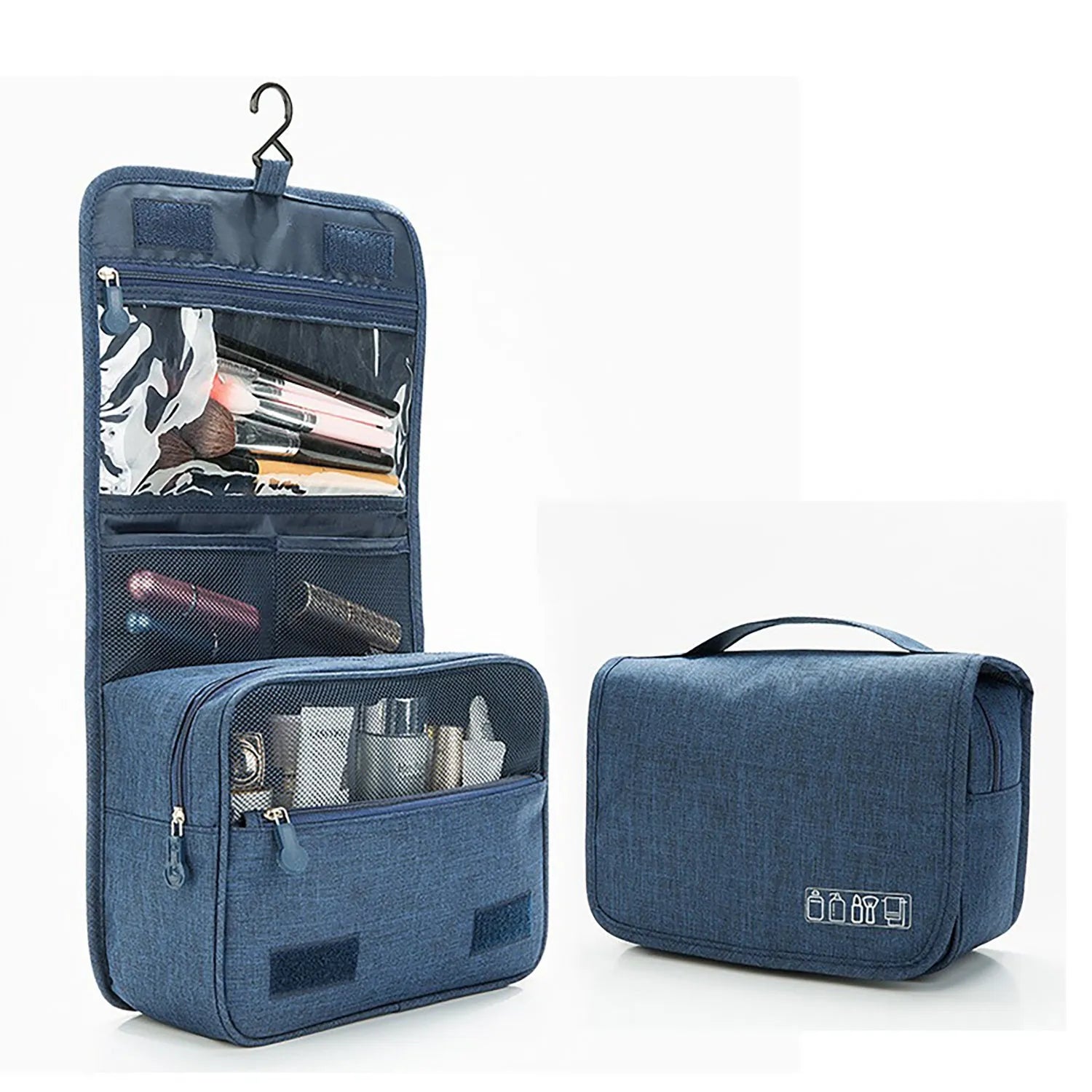 Large waterproof hanging toiletry bag in black with four compartments and metal hook