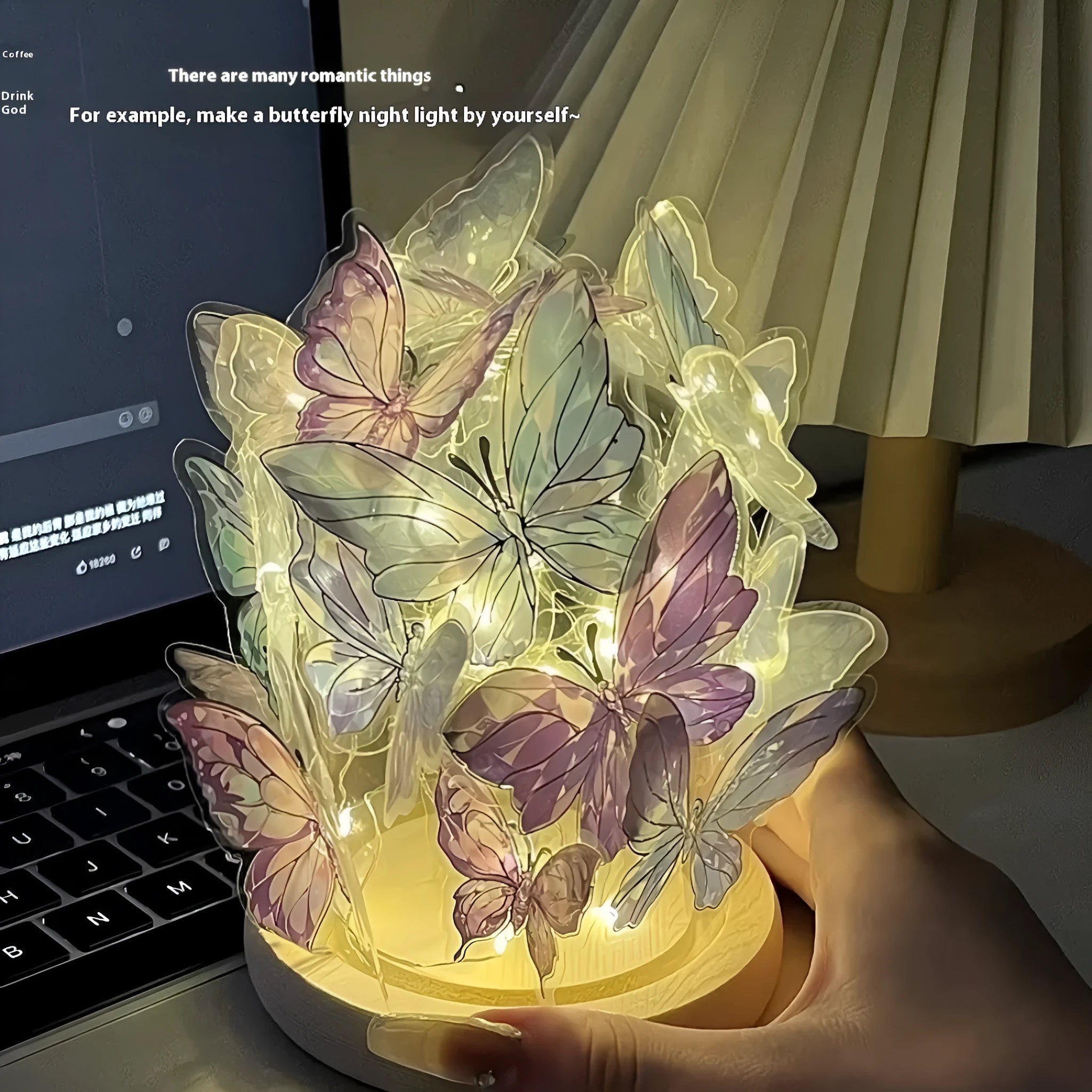 Butterfly night lamp with glass shade on raw wood base for bedside table lighting