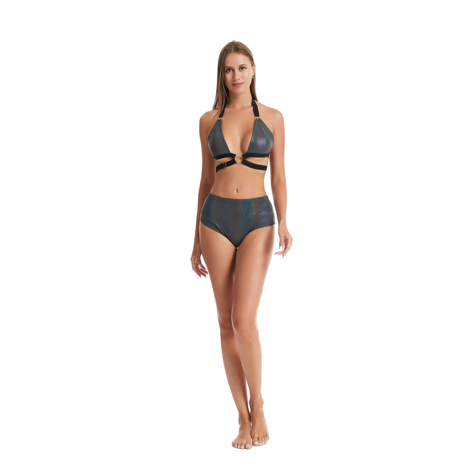 Women's reflective lace-up colourful bikini swimsuit with split briefs